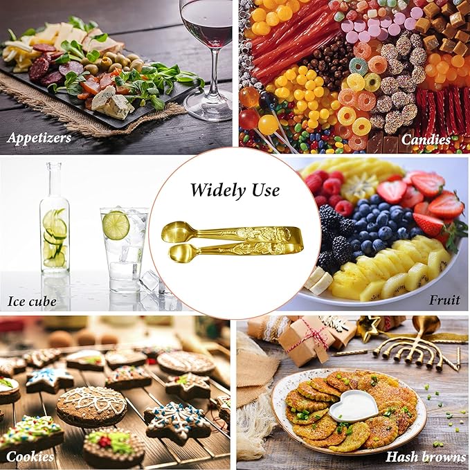 3PCS Mini Serving Tongs, 4Inch Rose Stainless Steel Sugar Cube Tongs, Sliver Small Ice Tong for Tea and Coffee Party, Appetizers, Desserts by Sunenlyst (Gold) - Image 7