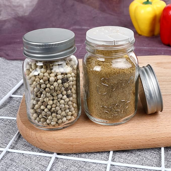 30 Pack 4oz Glass Mason Spice Jars Bottles, Empty Round Containers with Silver Airtight Metal Caps and Pour/Sift Shaker Lid