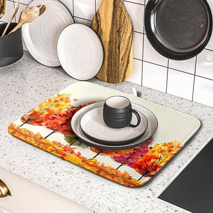 Fall Maple Leaves Dish Drying Mat for Kitchen Counter 18x16 Inch Watercolor Autumn Drying Mat with Absorbent Reversible Microfiber Orange Dish Drainer Mats Rack Pad for Coffee Countertop Protector