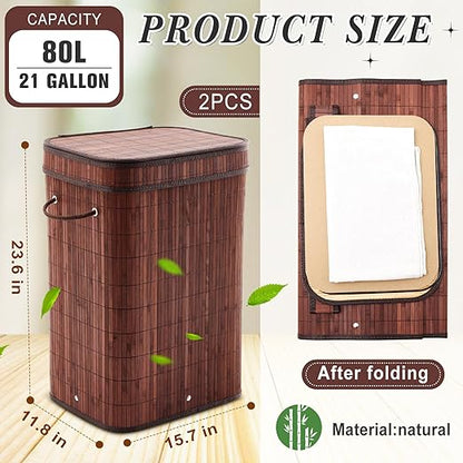 2 Pack 21 Gallon Bamboo Slim Trash Can with Lid Large Foldable Slim Rectangular Garbage Can Bamboo Waste Basket for Bathroom Bedroom Office Home Salon Spa (Brown)