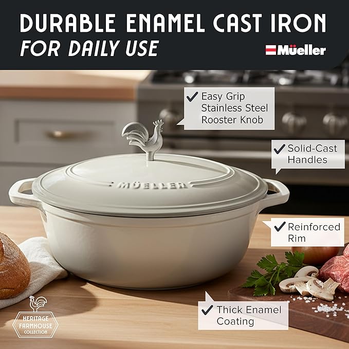 MUELLER HOME 5.5 Quart Enameled Cast Iron Oval Dutch Oven with Rooster Knob & Cotton Potholders, Heavy-Duty Cookware, Oven-Safe up to 500° F & Across All Cooktops, Gifts for Grandma & Women, White - Image 2