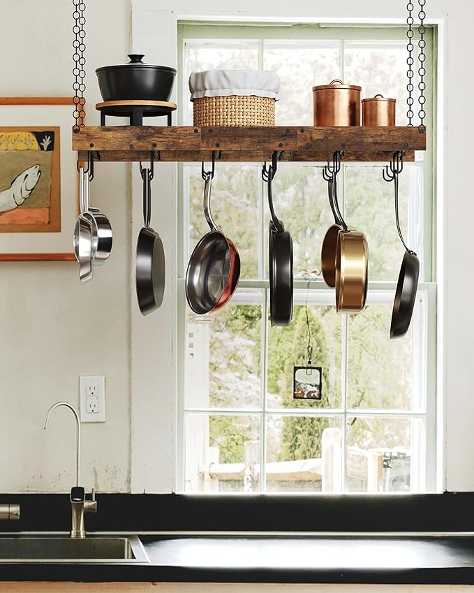 CHOEZON Hanging Pot Rack, Ceiling Wall Mounted Pot Rack for Kitchen, Industrial Style Pot Hanger with 18 Hooks, Cookware Storage Organizer, for Pots and Pans, Rustic Brown and Black TPR12BFC1 - Image 7