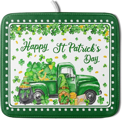 Shamrock Gnome Truck Dish Drying Mat Lucky Clover Dish Drainer Mat 16x18 inch Absorbent Fast Dry Pad for Kitchen Counter Coffee Bar Decor