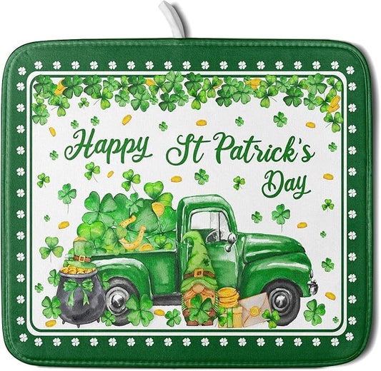 Shamrock Gnome Truck Dish Drying Mat Lucky Clover Dish Drainer Mat 16x18 inch Absorbent Fast Dry Pad for Kitchen Counter Coffee Bar Decor
