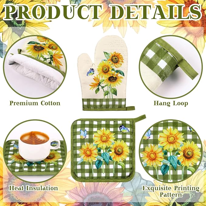 Leinuosen 6 Novelty Sunflower Kitchen Towels Kitchen Decor and Accessories Set Floral Plant Oven Mitts and Pot Holders Sets Farmhouse Absorbent Dish Towels for Cooking Baking Grilling - Image 5