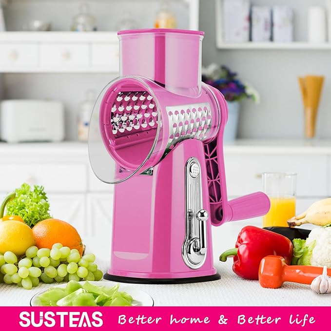 SUSTEAS Rotary Cheese Grater with Handle - Vegetable Shredder with 5 Well-designed Blades & Strong Suction Base,Round Mandoline Slicer & Food Chopper for Kitchen,with Blade Storage Box(Pink) - Image 7