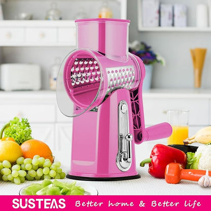 SUSTEAS Rotary Cheese Grater with Handle - Vegetable Shredder with 5 Well-designed Blades & Strong Suction Base,Round Mandoline Slicer & Food Chopper for Kitchen,with Blade Storage Box(Pink) - Image 7