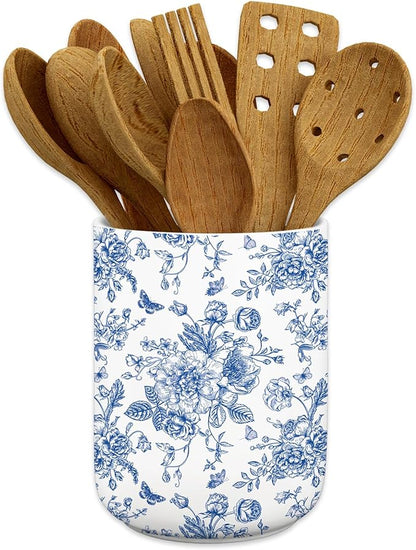 JarThenaAMCS Chinoiserie Floral Ceramic Utensil Holder Blue Flower Butterfly Utensil Crock for Home Kitchen Countertop Storage Organizer Container by JarThenaAMCS