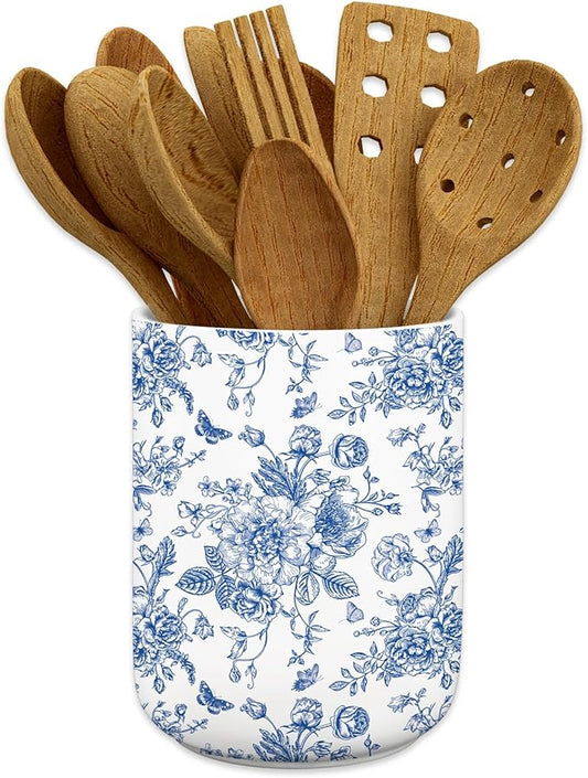 JarThenaAMCS Chinoiserie Floral Ceramic Utensil Holder Blue Flower Butterfly Utensil Crock for Home Kitchen Countertop Storage Organizer Container by JarThenaAMCS
