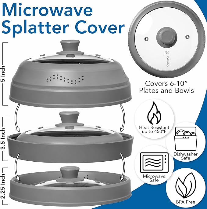 Microwave Splatter Cover for Food - Silicone Glass Dish Plate Cover, Vented with Silicone Grip Handle Knob, Collapsible, Food Grade, Microwave, Dishwasher Safe - 10" Inch - Image 5