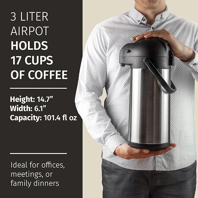 Airpot Coffee Dispenser with Pump & Tray - 102oz/3L Coffee Carafe with Pump - 12 Hours Hot Drink Dispenser for Parties - Stainless Steel Thermal Carafe for Hot Cocoa Bar -Easy-to-Use Insulated Pitcher - Image 6