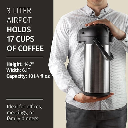 Airpot Coffee Dispenser with Pump & Tray - 102oz/3L Coffee Carafe with Pump - 12 Hours Hot Drink Dispenser for Parties - Stainless Steel Thermal Carafe for Hot Cocoa Bar -Easy-to-Use Insulated Pitcher - Image 6