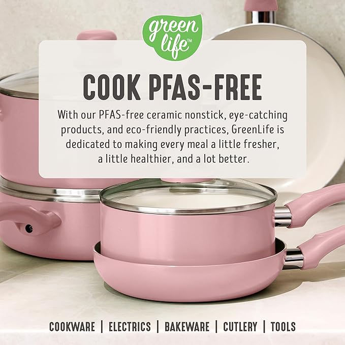 GreenLife 5 Quart Nonstick Stock Pot with Lid, Non-Toxic Ceramic Pot, Dishwasher Safe, Induction Ready, Fast Heating, Stay-Cool Handles, Kitchen Casserole, Soup, Pasta, Easy Clean, Blush Pink