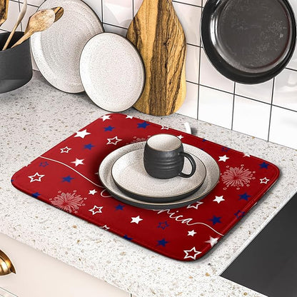 Giwawa 4th of July Dish Drying Mat 16"x18" Patriotic Usa Stars America Firework Dish Drainer Mats Independece Day Reversible Microfiber Dish Drying Pad for Kitchen Countertop Small Decor