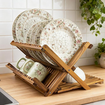 Utoplike Large Teak Dish Drying Rack, Wooden 3 Tier Collapsible Dish Draine for Countertop, Kitchen Organizer for Pasta Plates, Cups - Image 6