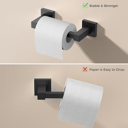 FORIOUS Toilet Paper Holder Wall Mount and Hand Towel Ring Set, SUS 304 Stainless Steel Double Post Pivoting Tissue Roll Holder, Modern Bathroom Hardware Accessories Set, Matte Black (Pack of 2)
