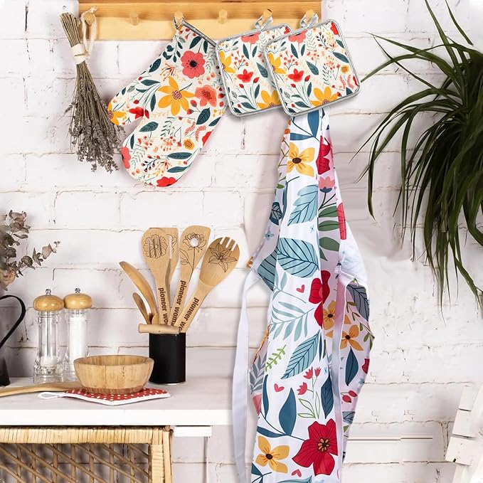 8 Pcs Kitchen Stuff Accessories Include 5 Cute Wooden Spoons & 1 Floral Kitchen Oven Mitts & 1 Pot Holders & 1 Kitchen Apron,Gifts for Women