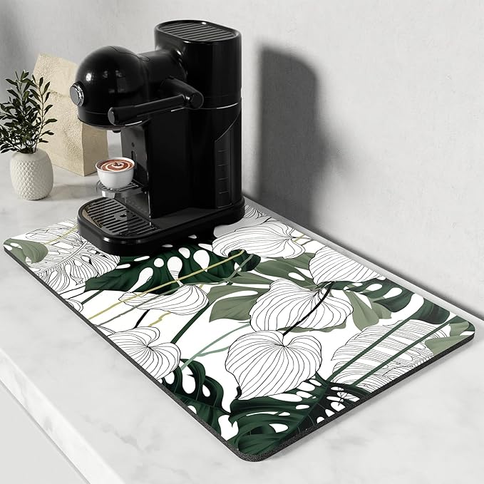 Rnivvi Coffee Mat, 12" x 19" Cute Coffee Bar Mats for Espresso Machine Station Accessories and Organizer, Hide Stain Rubber Backed Absorbent Dish Drying Pad for Kitchen Counter, Tropical Leaves by Rnivvi