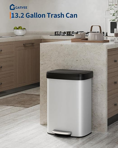 Garvee 13 gal / 50 L Metal Trash Can with Lid, Large Garbage Can for Kitchen, Rustproof Step-on Kitchen Metal Trash Bin with Liner Rim, Rear Handle, Soft Close Plastic Lid, White - Image 2