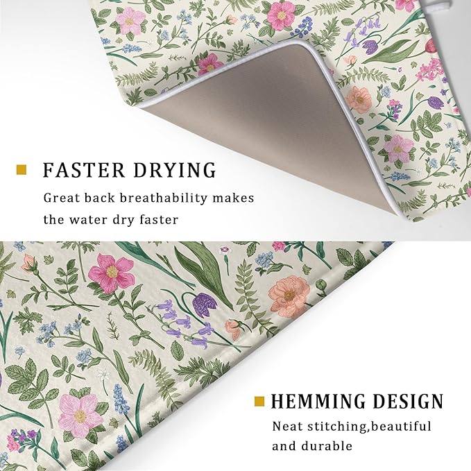 Spring Floral Dish Drying Mat for Kitchen Counter 18x24 Pink Sage Green Flower Vintage Botanical Print Absorbent Reversible Microfiber Drying Mats Kitchen Countertop Protector Dishes Drainer Rack Pad - Image 3