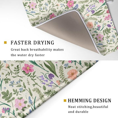 Spring Floral Dish Drying Mat for Kitchen Counter 18x24 Pink Sage Green Flower Vintage Botanical Print Absorbent Reversible Microfiber Drying Mats Kitchen Countertop Protector Dishes Drainer Rack Pad - Image 3