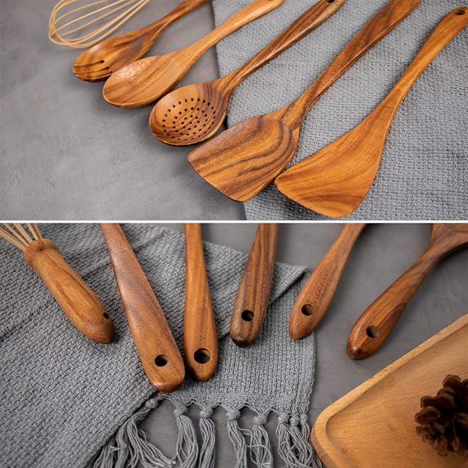 AIUHI 10 Pack Wooden Spoons for Cooking, Teak Wood Kitchen Utensils Set for Non Stick Use, Spatula Set for Stirring, Baking, Non Stick Wooden Utensils for Kitchen - Image 7