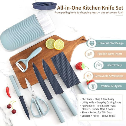 Knife Set, 7-Piece Kitchen Knife Set with Sharp Chef and Meat Knives, Anti-Rust Utility Knives Set for Kitchen, Kitchen Knife Block Set（Blue）