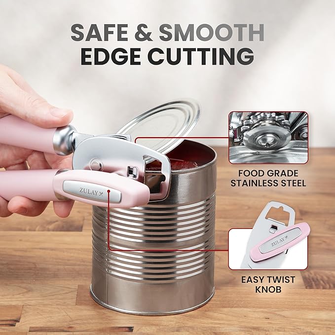 Zulay Kitchen Heavy Duty Stainless Steel Can Opener Manual with Bottle Opener - Rust Proof Manual Can Opener With Turn Knob & Comfy Soft Grip Handles - Light Pink - Image 4