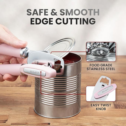 Zulay Kitchen Heavy Duty Stainless Steel Can Opener Manual with Bottle Opener - Rust Proof Manual Can Opener With Turn Knob & Comfy Soft Grip Handles - Light Pink - Image 4