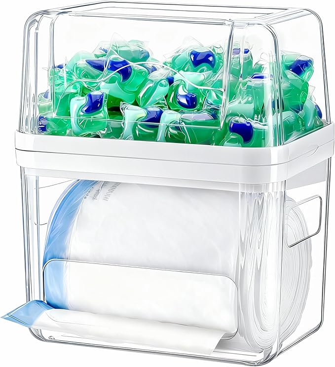 iCASA Trash Bag Dispenser Dishwasher Pod Organizer, 3 in 1 Grocery Garbage Bags Holder Storage Box Clear Laundry Room Pods Dishwasher Tab Cleaner Tablets Container Pantry Kitchen Under Sink Organizers by iCASA