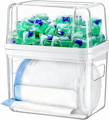 iCASA Trash Bag Dispenser Dishwasher Pod Organizer, 3 in 1 Grocery Garbage Bags Holder Storage Box Clear Laundry Room Pods Dishwasher Tab Cleaner Tablets Container Pantry Kitchen Under Sink Organizers by iCASA
