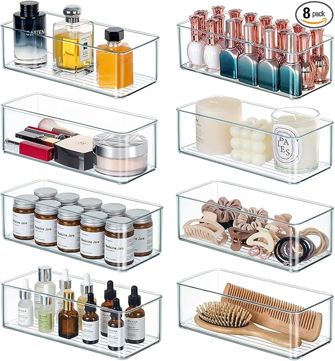Qilinba 8 PACK Drawer Organizer Bins Bathroom Deep Drawer Silverware Organizers Clear Stackable Storage Bins for Vanity, Pantry, Office, Cabinet, Kitchen Counter Organization and Storage by QILINBA