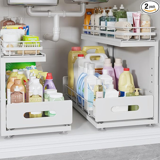 Under Sink Organizer Upgrade To Professional Rails,2-Tier Dual Pull Out Cabinet Storage,Height Adjustable Slide Out Drawers For Bathroom Kitchen,2 Pack-18.5"Dx12.8"-16.9"H,White by UnderSinkOrganizer