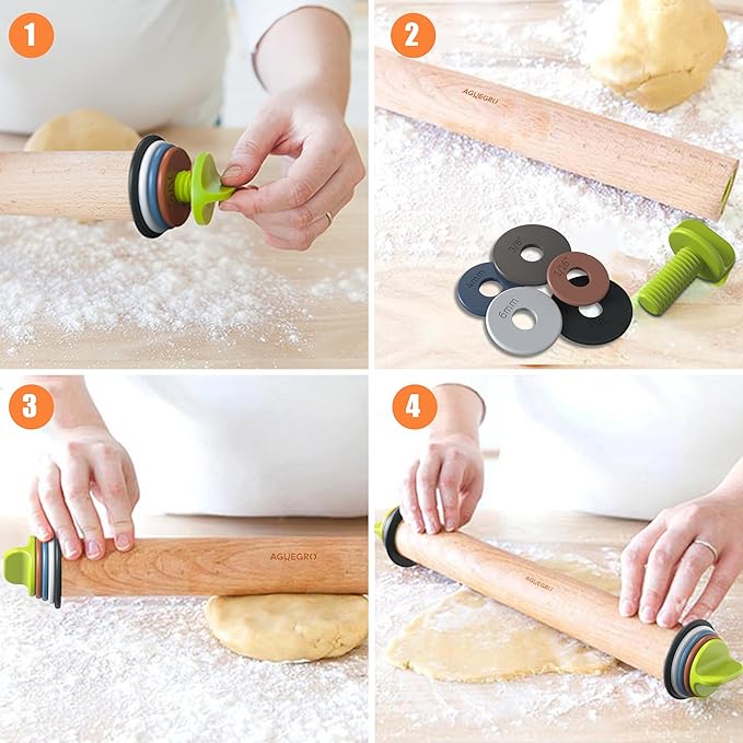 Rolling Pin with Adjustable Thickness Ring and Silicone Baking Mat for Baking, Fondant,Pizza,Pie,Cookies,Pastries,13.6"Wooden Rolling Pin Dough Roller with 4 Multi-Color Thickness Rings - Image 7
