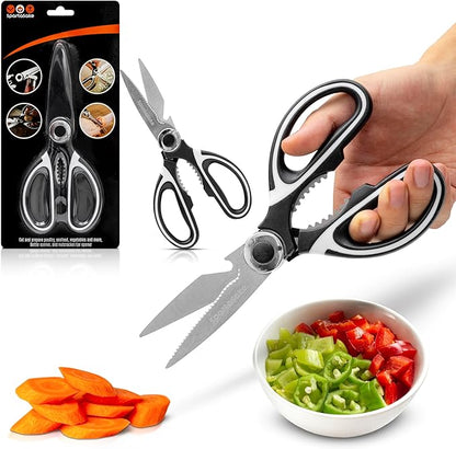 SpartaSake Premium Stainless Steel All Purpose Kitchen Shears with Sleeve - Heavy Duty Ultra Sharp kitchen Scissors for Food - Multipurpose Food Scissors for Meat Poultry Vegetable (Black-White)