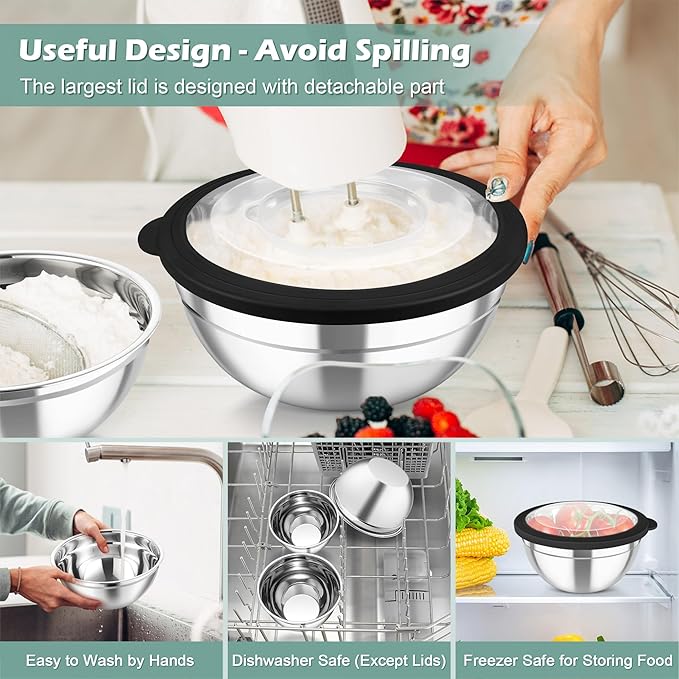 TeamFar Mixing Bowls, 3PCS Stainless Steel Serving Salad Bowls with Lids & 3 Graters, For Kitchen Mixing/Baking/Storing/Prepping, Visible & Airtight, Easy Clean - 4.5/3 / 1.5 QT, Black - Image 4