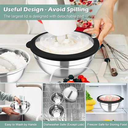 TeamFar Mixing Bowls, 3PCS Stainless Steel Serving Salad Bowls with Lids & 3 Graters, For Kitchen Mixing/Baking/Storing/Prepping, Visible & Airtight, Easy Clean - 4.5/3 / 1.5 QT, Black - Image 4