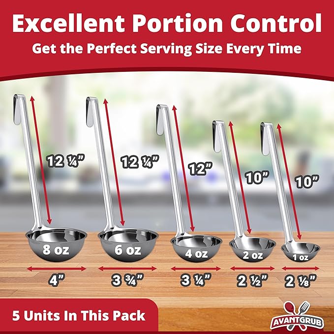 Sturdy, Ergonomic Combo Sizes Ladles 5 Pk. 1 2 4 6 8 Oz Stainless Steel Ladle with Long Handles. Best Kitchen Supplies for Stirring, Portioning and Serving Soup, Chili and Stew in Restaurants and Home - Image 2
