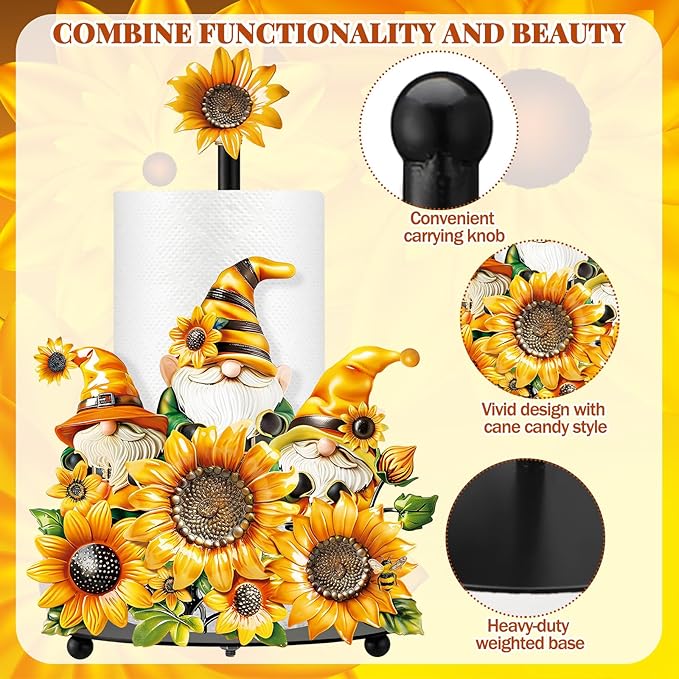 Thyle Sunflower Paper Towel Holder Summer Sunflower Gnome Kitchen Decor and Accessories Rustic Farmhouse Dispenser Kitchen Paper Holder Stand with Round Base for Countertop Toilet Home Accessories