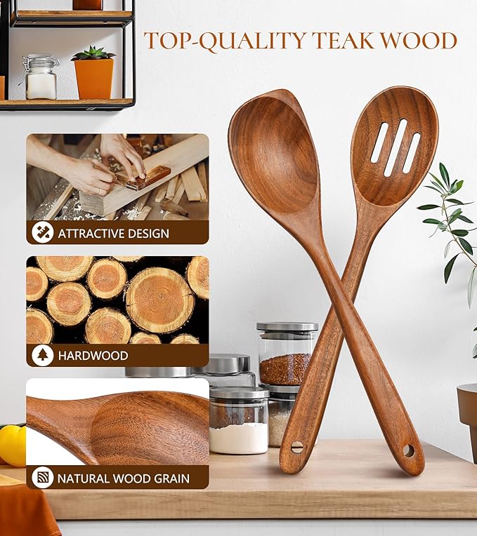 2Pcs Wooden Spoons for Cooking, Natural Premium Teak Wood Corner Spoon & Slotted Spoon, Good Grip Large Cooking Spoons Spatula, Heat Resistant Wooden Kitchen Cooking Utensils Set for Nonstick Cookware - Image 2