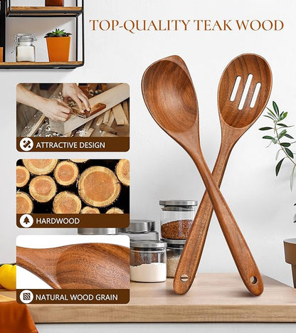 2Pcs Wooden Spoons for Cooking, Natural Premium Teak Wood Corner Spoon & Slotted Spoon, Good Grip Large Cooking Spoons Spatula, Heat Resistant Wooden Kitchen Cooking Utensils Set for Nonstick Cookware - Image 2