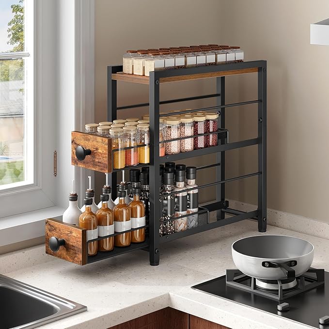 YATINEY Spice Rack, 3-Tier Pull Out Spice Rack Organizer for Countertop, Narrow Kitchen Countertop Storage Shelf with 2 Drawers, for Kitchen, Cafe, Rustic Brown and Black SR02BR - Image 2