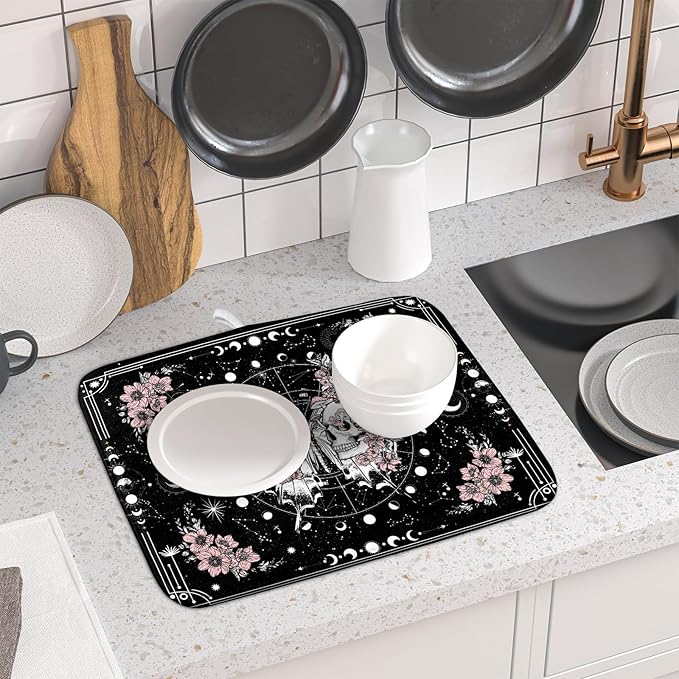 Skeleton Butterfly Dish Drying Mat Black Skull Absorbent Dish Drainer for Kitchen Counter Holiday Decor - Image 6