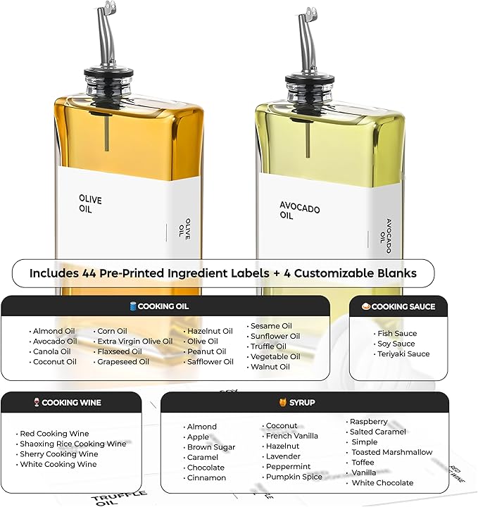 Spaceneat Olive Oil Dispenser Bottle - Includes 44 Kitchen Essential Labels - Cooking Oil Bottles for Kitchen, Coffee Syrup Dispenser - Pourer Spout with 11.8 fl oz Glass Container Cruet - 2pcs Silver - Image 2