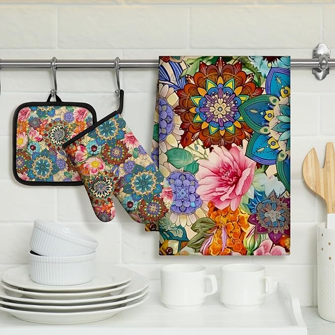 Jingmore 6 Pcs Kitchen Decor Set Accessory Farmhouse Kitchen Towels Pot Holders Oven Mitts Set 2 Dish Towels 2 Pot Holders 2 Cooking Mittens Oven Glove for Cooking(Colorful,Boho Floral) - Image 2