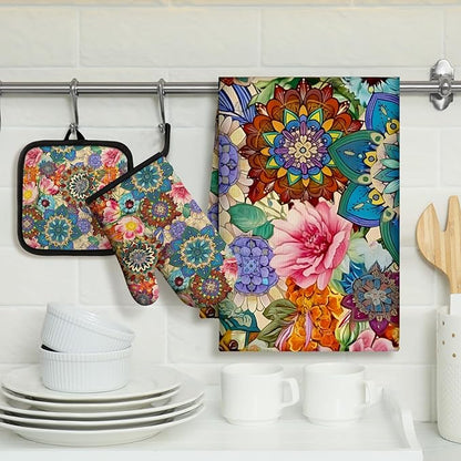 Jingmore 6 Pcs Kitchen Decor Set Accessory Farmhouse Kitchen Towels Pot Holders Oven Mitts Set 2 Dish Towels 2 Pot Holders 2 Cooking Mittens Oven Glove for Cooking(Colorful,Boho Floral) - Image 2