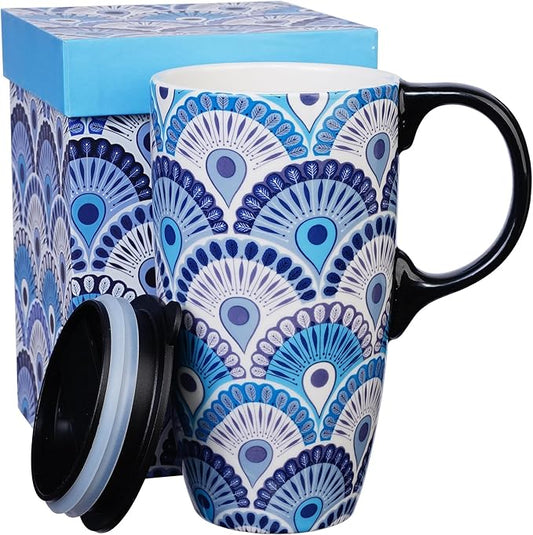 Topadorn Ceramic Travel Mug with Lid and Handle Ceramic Coffee Mug Ceramic Latte Teacup in Color Box 17 Oz, Splash Resistant Lid - To Go Tumbler for Car Cup Holder, Blue