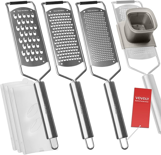 Vovoly 4-Pcs Pro Set Zester Grater Set, Cheese Grater with Razor-Sharp Stainless Steel Blade, Fine/Coarse/Extra Coarse/Slider Attachment by VOVOLY