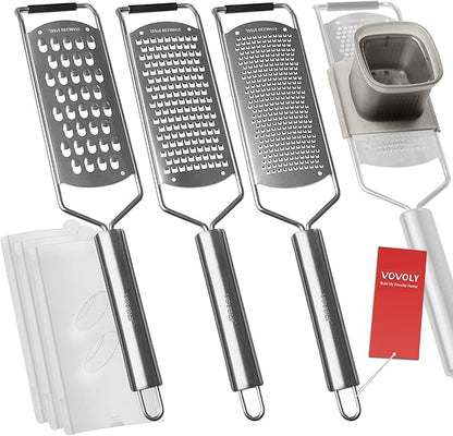 Vovoly 4-Pcs Pro Set Zester Grater Set, Cheese Grater with Razor-Sharp Stainless Steel Blade, Fine/Coarse/Extra Coarse/Slider Attachment by VOVOLY