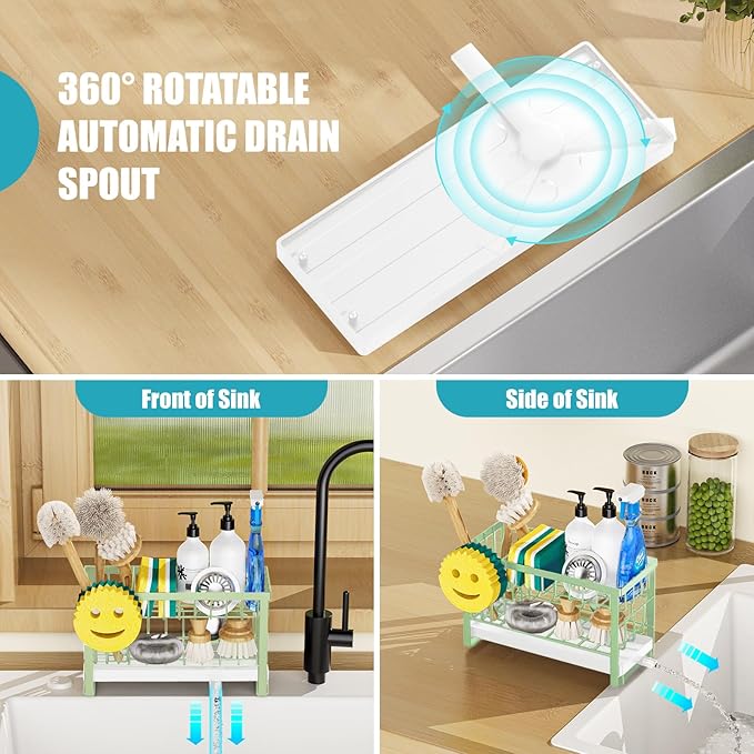 Sponge Holder for Kitchen Sink with Flexible Sink Caddy Smiley Face,2 Tier Kitchen Sink Organizer Countertop and Storage Essentials,Soap Dispenser Organize,Home Decor Accessories-Green - Image 4
